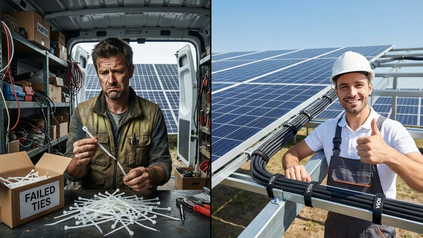 Comparison of failed white cable ties versus professional-grade VIOX carbon black cable ties on solar installation